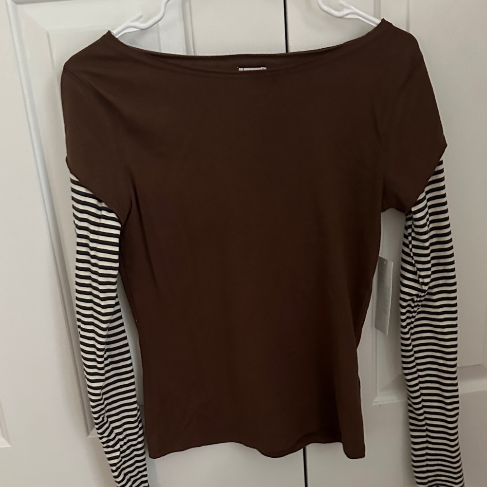 Urban Outfitters Brown Top with Striped Sleeves
